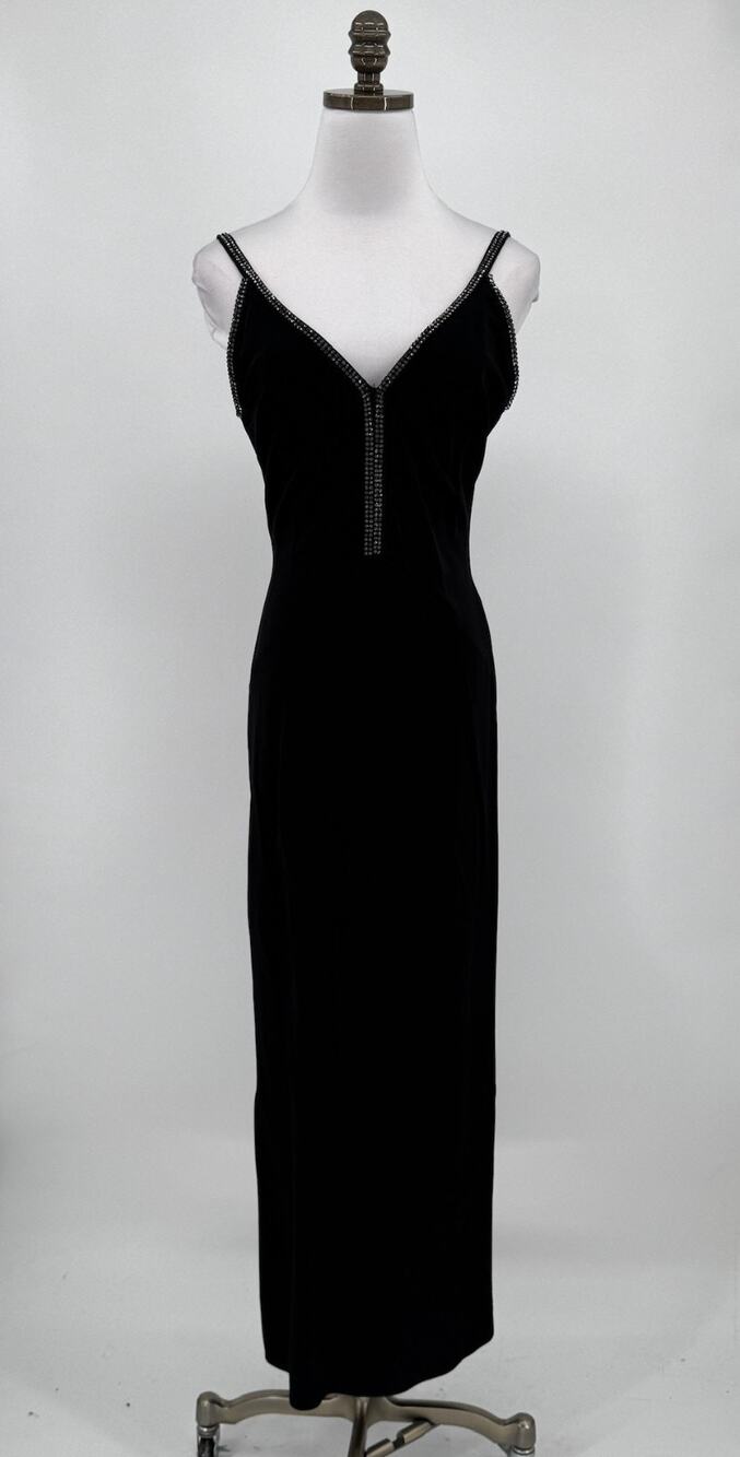 Aspeed USA Vintage Black V Neck Rhinestone Trim Sleeveless Maxi Slip Dress